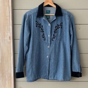 Vintage Embroidered Denim Button-Up Shirt – Western Style